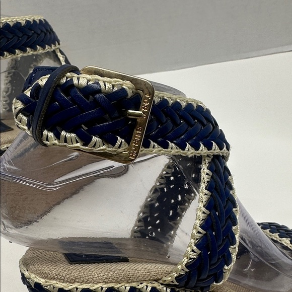 Tory Burch Lilah Wedges Espadrille Sandals High Heel Shoes Brown Navy Blue 8 - Picture 7 of 12